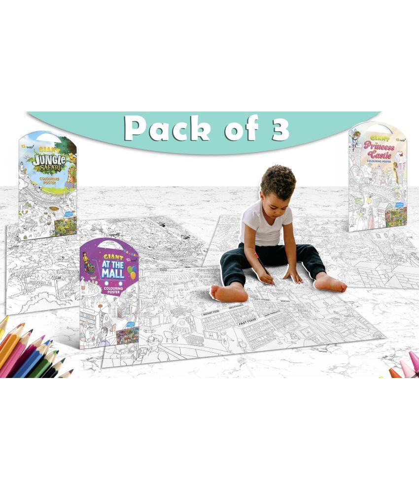     			GIANT JUNGLE SAFARI COLOURING POSTER, GIANT AT THE MALL COLOURING POSTER and GIANT PRINCESS CASTLE COLOURING POSTER | Combo of 3 Posters I Stress-relieving posters