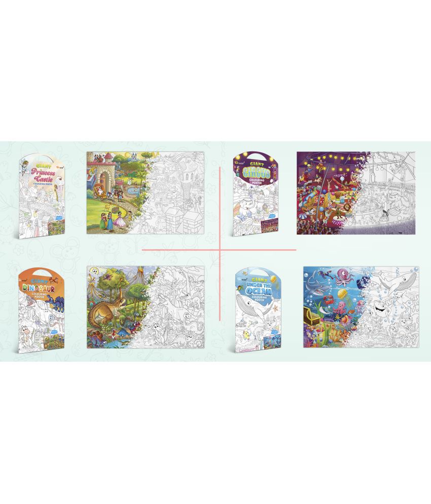     			GIANT PRINCESS CASTLE COLOURING POSTER, GIANT CIRCUS COLOURING POSTER, GIANT DINOSAUR COLOURING POSTER and GIANT UNDER THE OCEAN COLOURING POSTER | Combo pack of 4 Posters I giant colouring poster for 8+
