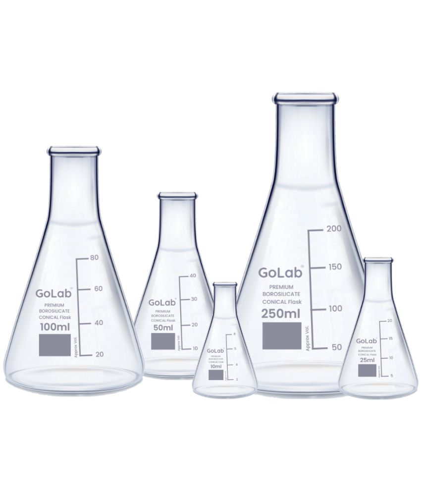     			GoLab Laboratory Premium Calibrated Borosilicate Glass Conical Flask Combo 10ml, 25ml, 50ml, 100ml, 250ml with Graduation Marks and Spout - Pack of 5