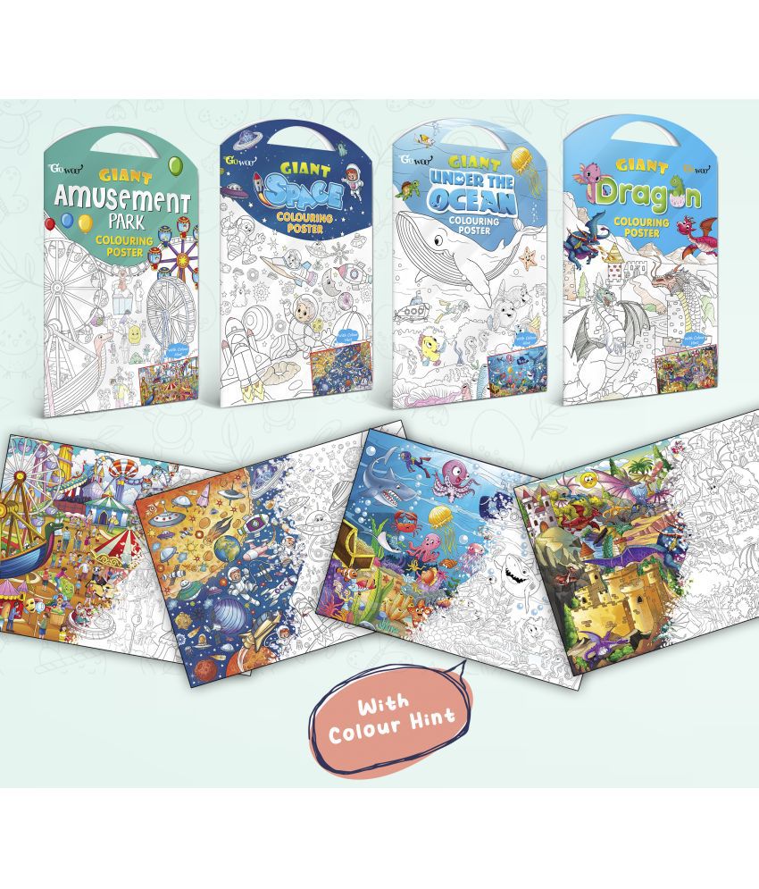     			GIANT AMUSEMENT PARK COLOURING POSTER, GIANT SPACE COLOURING POSTER, GIANT UNDER THE OCEAN COLOURING POSTER and GIANT DRAGON COLOURING POSTER | Combo pack of 4 Posters I Best coloring posters for kids