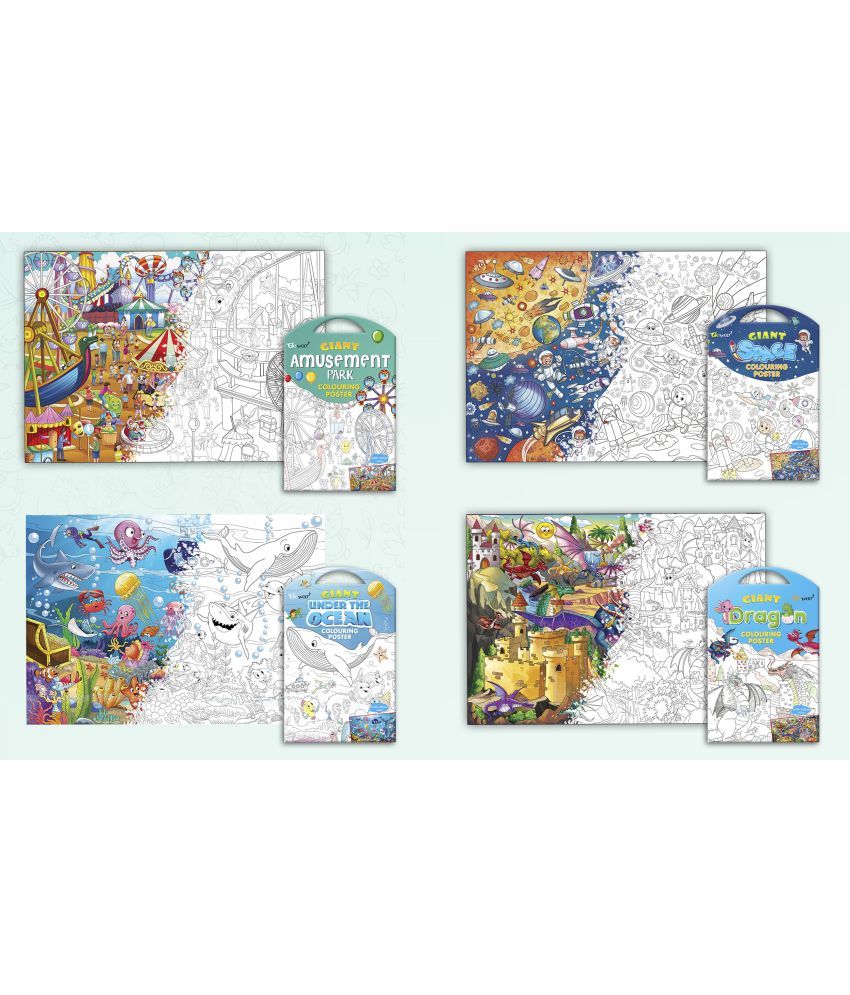     			GIANT AMUSEMENT PARK COLOURING POSTER, GIANT SPACE COLOURING POSTER, GIANT UNDER THE OCEAN COLOURING POSTER and GIANT DRAGON COLOURING POSTER | Pack of 4 Posters I Art Therapy Coloring Combo Set for adults