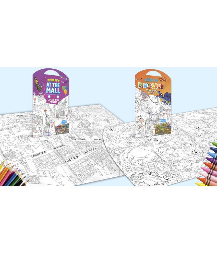     			GIANT AT THE MALL COLOURING POSTER and GIANT DINOSAUR COLOURING POSTER | Pack of 2 Posters I perfect colouring poster set for siblings