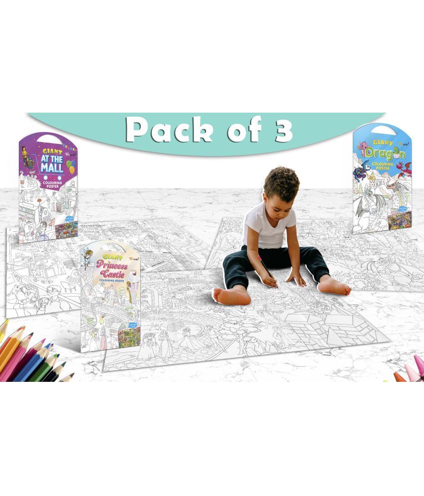     			GIANT AT THE MALL COLOURING POSTER, GIANT PRINCESS CASTLE COLOURING POSTER and GIANT DRAGON COLOURING POSTER | Pack of 3 Posters I Coloring Poster Bag Set