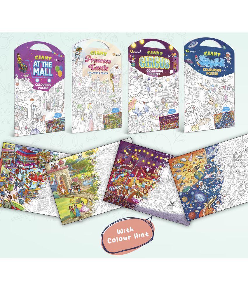     			GIANT AT THE MALL COLOURING POSTER, GIANT PRINCESS CASTLE COLOURING POSTER, GIANT CIRCUS COLOURING POSTER and GIANT SPACE COLOURING POSTER | Gift Pack of 4 Posters I Best coloring posters to gift