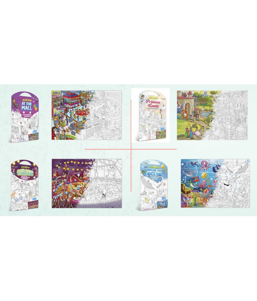     			GIANT AT THE MALL COLOURING POSTER, GIANT PRINCESS CASTLE COLOURING POSTER, GIANT CIRCUS COLOURING POSTER and GIANT UNDER THE OCEAN COLOURING POSTER | Gift Pack of 4 Posters I Best coloring posters to gift