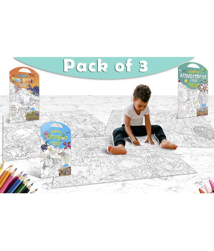     			GIANT DINOSAUR COLOURING POSTER, GIANT AMUSEMENT PARK COLOURING POSTER and GIANT DRAGON COLOURING POSTER | Gift Pack of 3 Posters I jumbo size colouring poster for kids
