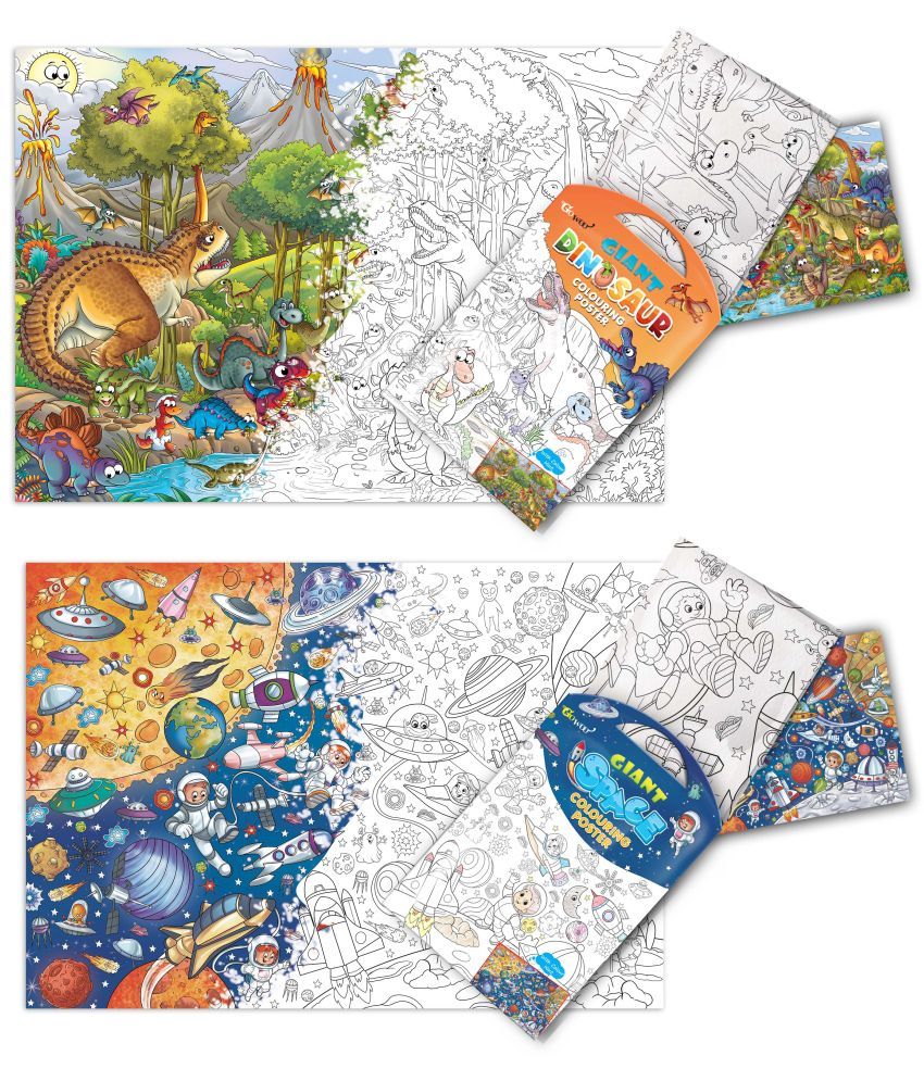     			GIANT DINOSAUR COLOURING POSTER and GIANT SPACE COLOURING POSTER | Set of 2 Posters I kids value gift pack