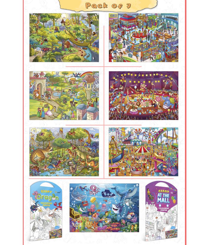     			GIANT JUNGLE SAFARI COLOURING , GIANT AT THE MALL COLOURING , GIANT PRINCESS CASTLE COLOURING , GIANT CIRCUS COLOURING , GIANT DINOSAUR COLOURING , GIANT AMUSEMENT PARK COLOURING  and GIANT DRAGON COLOURING  | Set of 7 s I Peaceful Coloring Combo