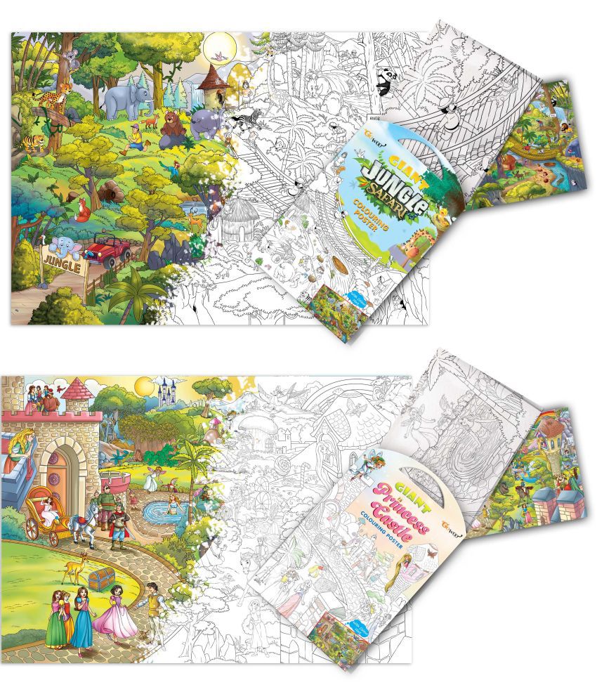     			GIANT JUNGLE SAFARI COLOURING POSTER and GIANT PRINCESS CASTLE COLOURING POSTER | Combo of 2 Posters I Great for school students and classrooms