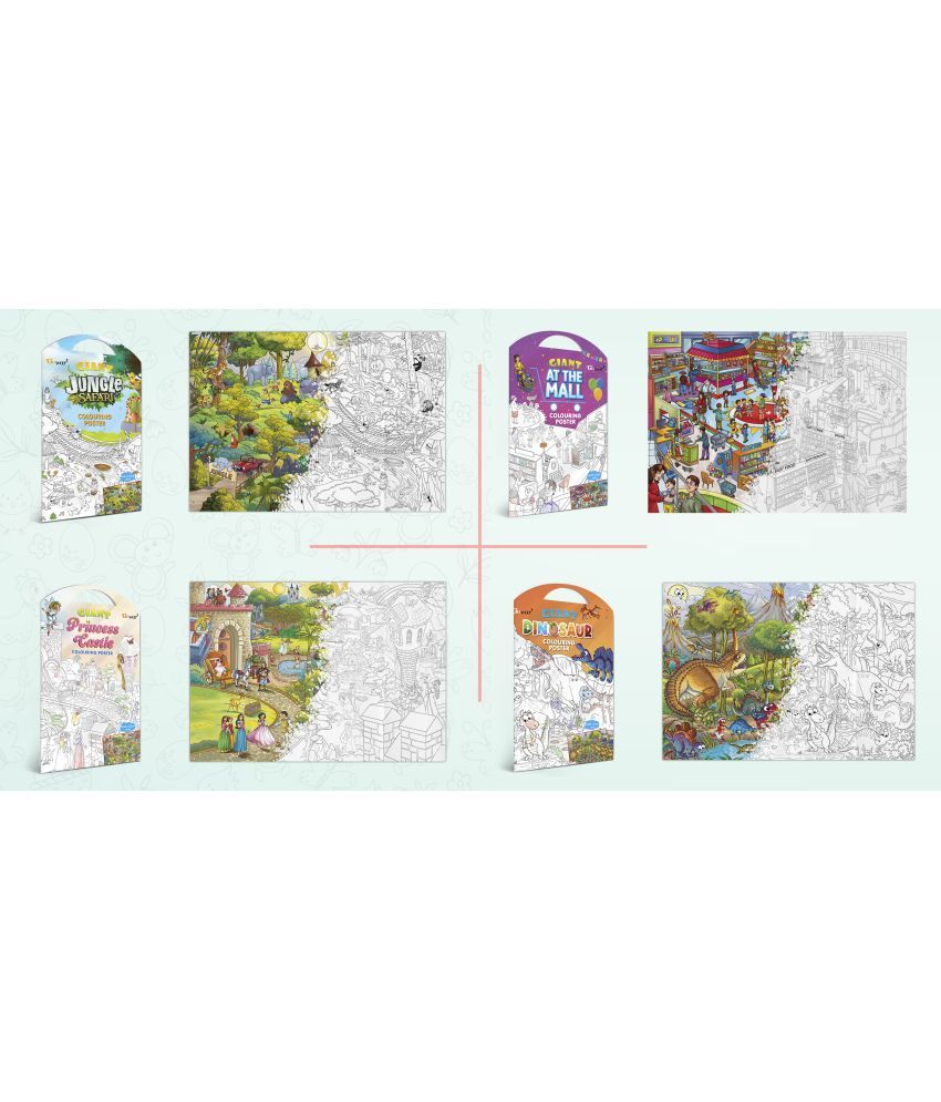     			GIANT JUNGLE SAFARI COLOURING POSTER, GIANT AT THE MALL COLOURING POSTER, GIANT PRINCESS CASTLE COLOURING POSTER and GIANT DINOSAUR COLOURING POSTER | Pack of 4 Posters I Popular coloring posters