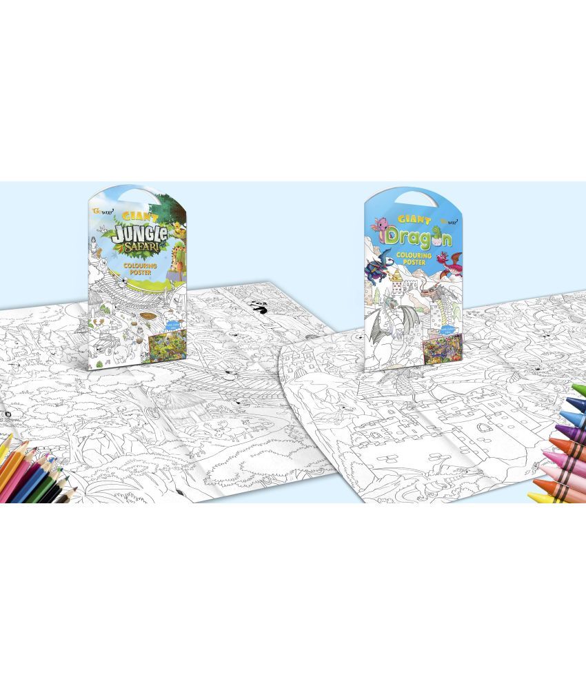     			GIANT JUNGLE SAFARI COLOURING POSTER and GIANT DRAGON COLOURING POSTER | Pack of 2 Posters I kids activity colouring posters