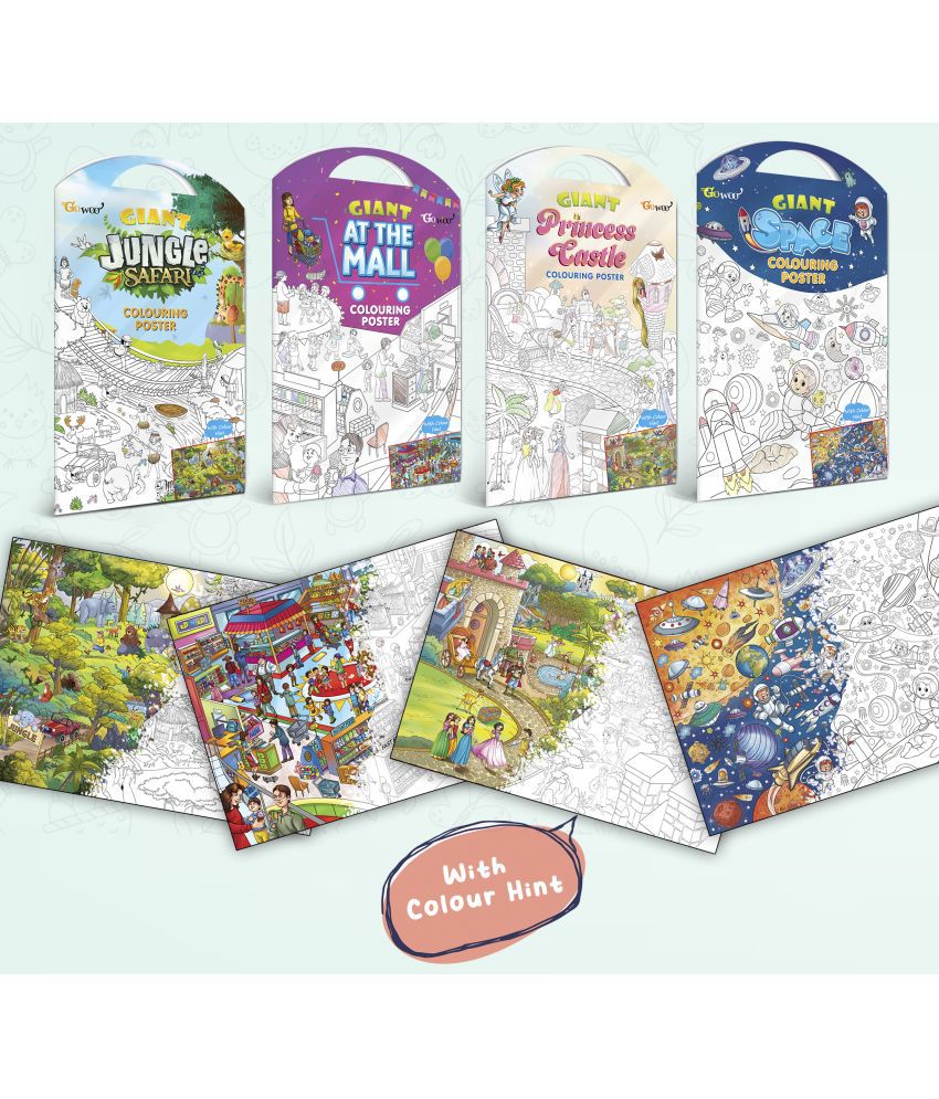    			GIANT JUNGLE SAFARI COLOURING POSTER, GIANT AT THE MALL COLOURING POSTER, GIANT PRINCESS CASTLE COLOURING POSTER and GIANT SPACE COLOURING POSTER | Gift Pack of 4 Posters I  Creative coloring posters