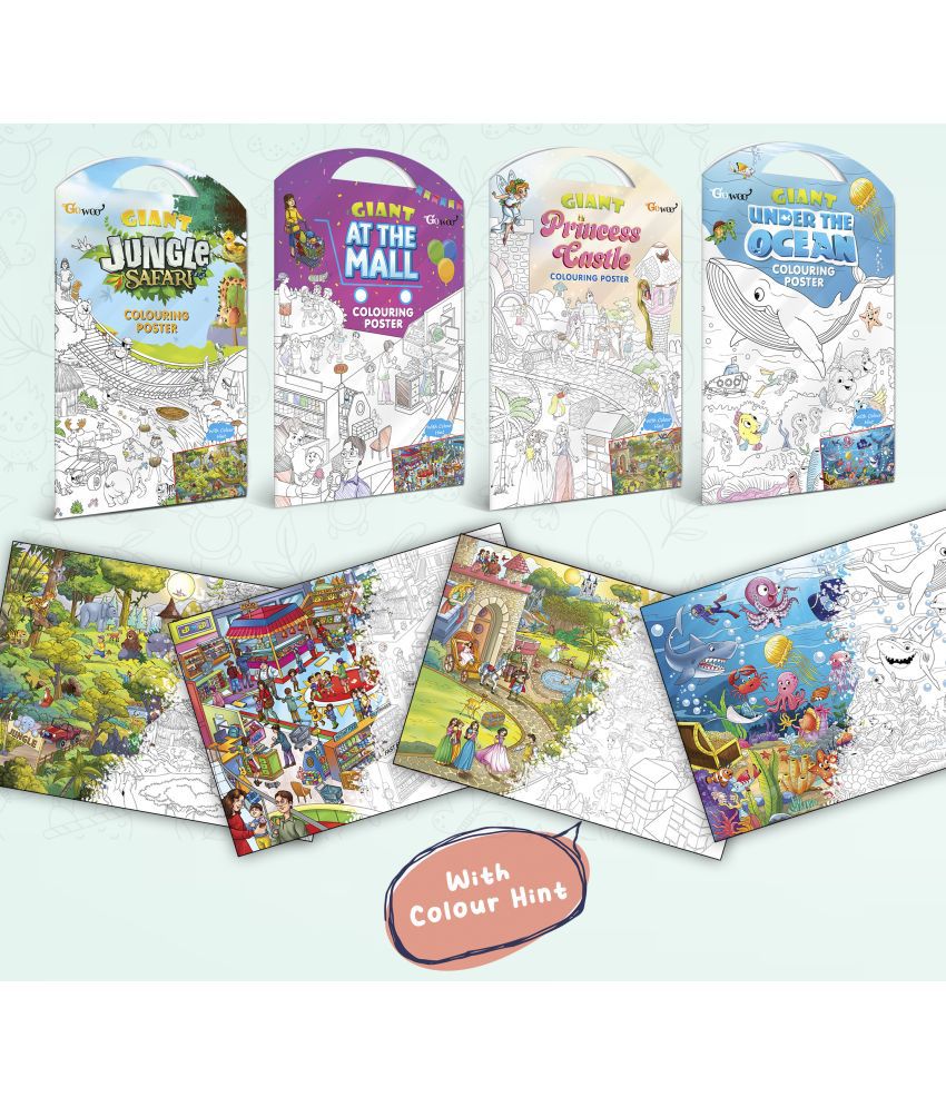     			GIANT JUNGLE SAFARI COLOURING POSTER, GIANT AT THE MALL COLOURING POSTER, GIANT PRINCESS CASTLE COLOURING POSTER and GIANT UNDER THE OCEAN COLOURING POSTER | Combo pack of 4 Posters I Premium Quality coloring posters