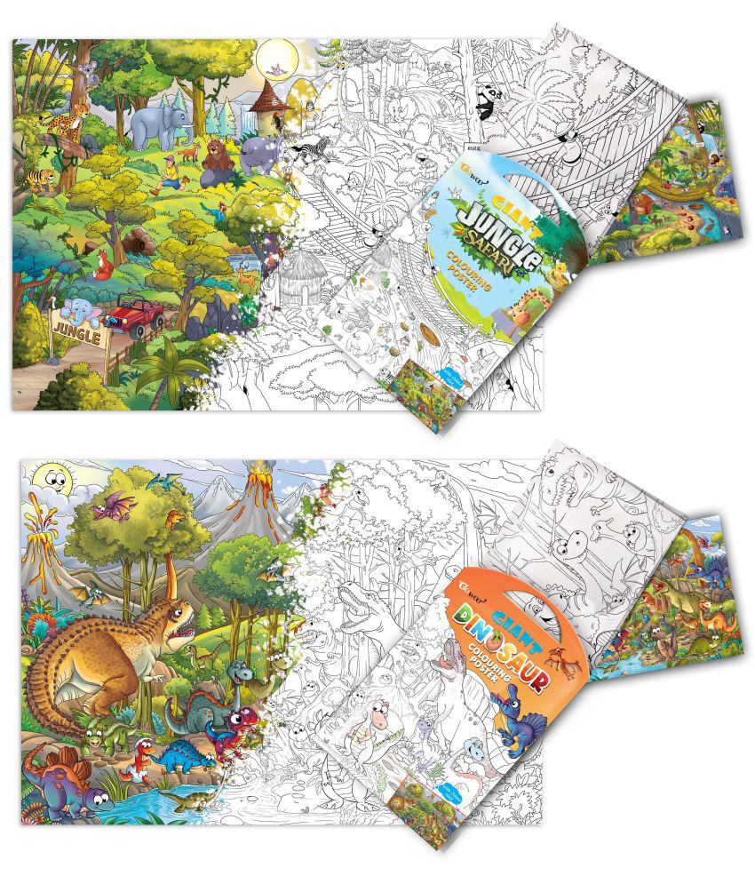     			GIANT JUNGLE SAFARI COLOURING POSTER and GIANT DINOSAUR COLOURING POSTER | Pack of 2 Posters I kids activity colouring posters