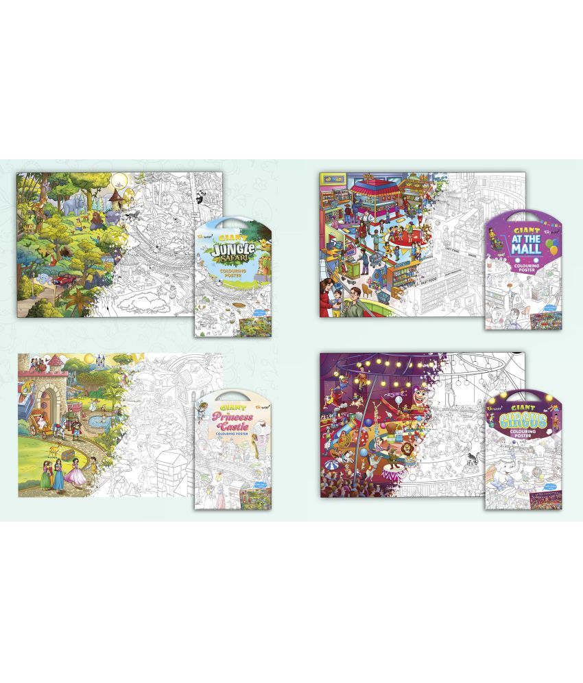     			GIANT JUNGLE SAFARI COLOURING POSTER, GIANT AT THE MALL COLOURING POSTER, GIANT PRINCESS CASTLE COLOURING POSTER and GIANT CIRCUS COLOURING POSTER | Pack of 4 Posters I Large coloring posters for kids