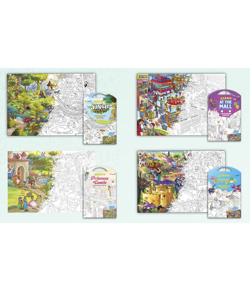     			GIANT JUNGLE SAFARI COLOURING POSTER, GIANT AT THE MALL COLOURING POSTER, GIANT PRINCESS CASTLE COLOURING POSTER and GIANT DRAGON COLOURING POSTER Combo pack of 4 Posters I Premium Quality coloring posters