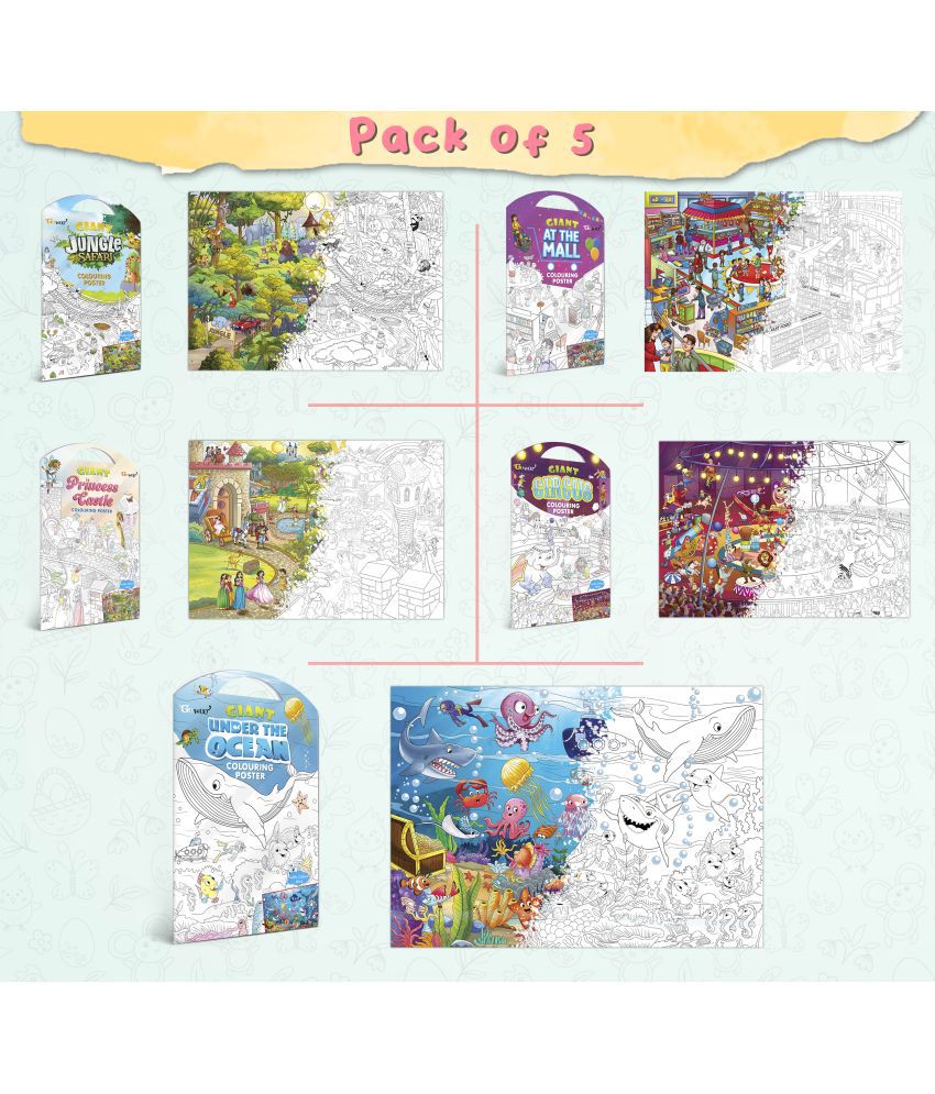     			GIANT JUNGLE SAFARI COLOURING POSTER, GIANT AT THE MALL COLOURING POSTER, GIANT PRINCESS CASTLE COLOURING POSTER, GIANT CIRCUS COLOURING POSTER and GIANT UNDER THE OCEAN COLOURING POSTER | Pack of 5 Posters I Coloring poster sets for kids