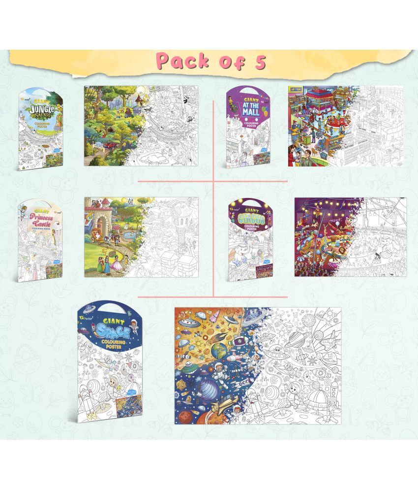     			GIANT JUNGLE SAFARI COLOURING POSTER, GIANT AT THE MALL COLOURING POSTER, GIANT PRINCESS CASTLE COLOURING POSTER, GIANT CIRCUS COLOURING POSTER and GIANT SPACE COLOURING POSTER | Combo pack of 5 Posters I giant wall colouring posters