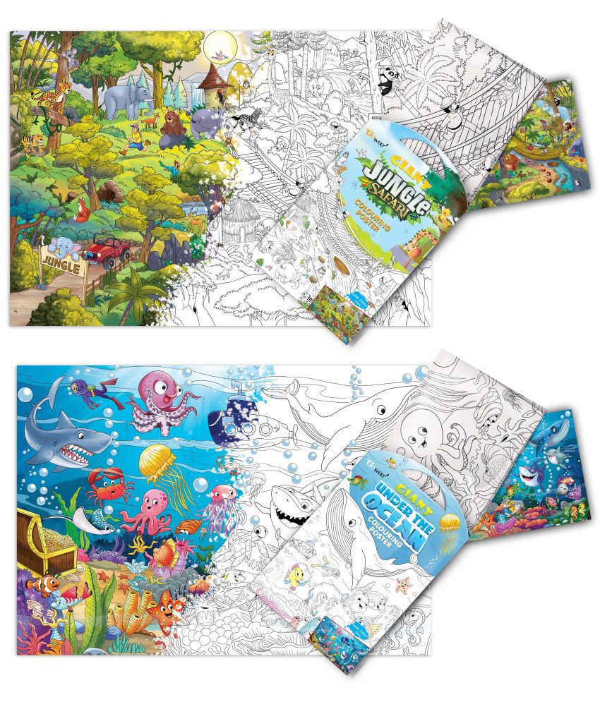     			GIANT JUNGLE SAFARI COLOURING POSTER and GIANT UNDER THE OCEAN COLOURING POSTER | Gift Pack of 2 Posters I best colouring kit for 10+ kids