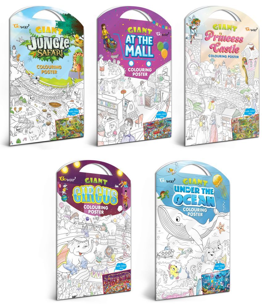     			GIANT JUNGLE SAFARI COLOURING POSTER, GIANT AT THE MALL COLOURING POSTER, GIANT PRINCESS CASTLE COLOURING POSTER, GIANT CIRCUS COLOURING POSTER and GIANT UNDER THE OCEAN COLOURING POSTER | Combo of 5 Posters I jumbo size colouring poster