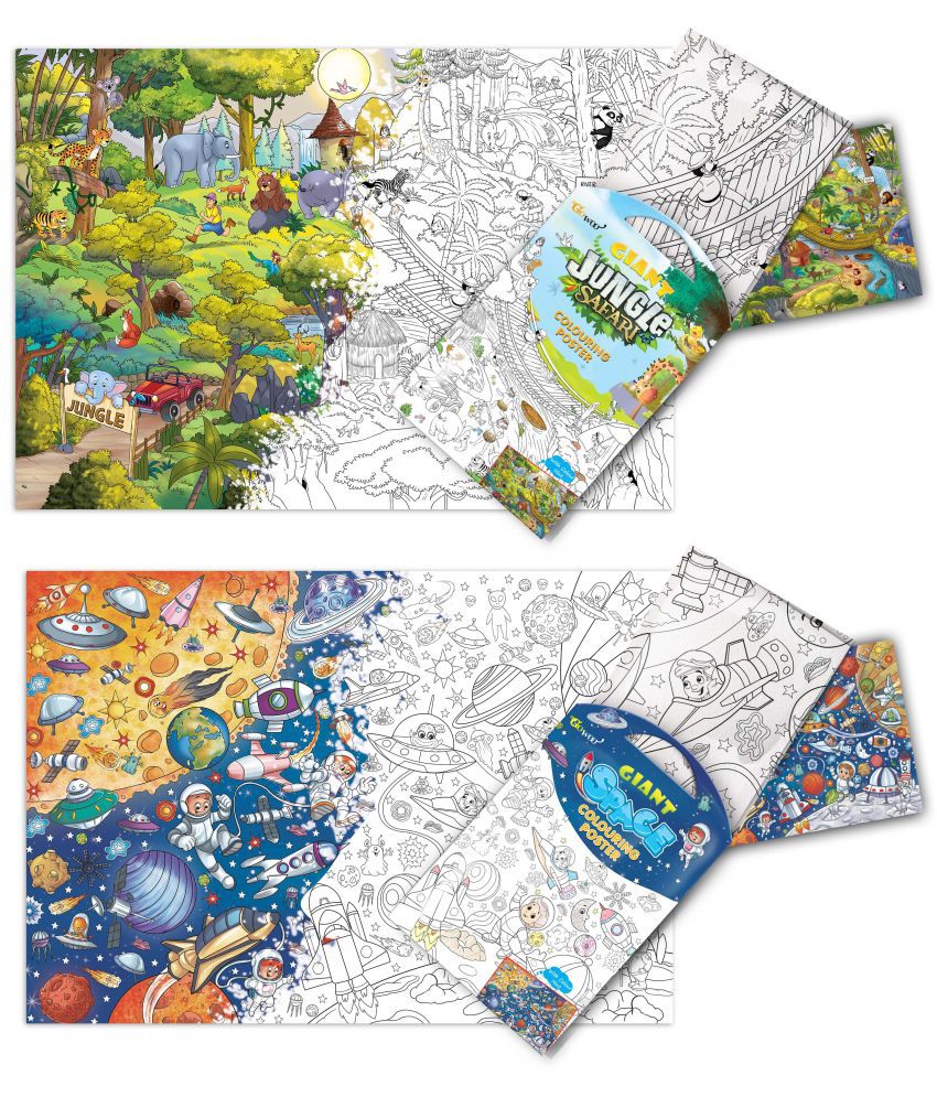     			GIANT JUNGLE SAFARI COLOURING POSTER and GIANT SPACE COLOURING POSTER | Combo pack of 2 Posters I Coloring posters for kids