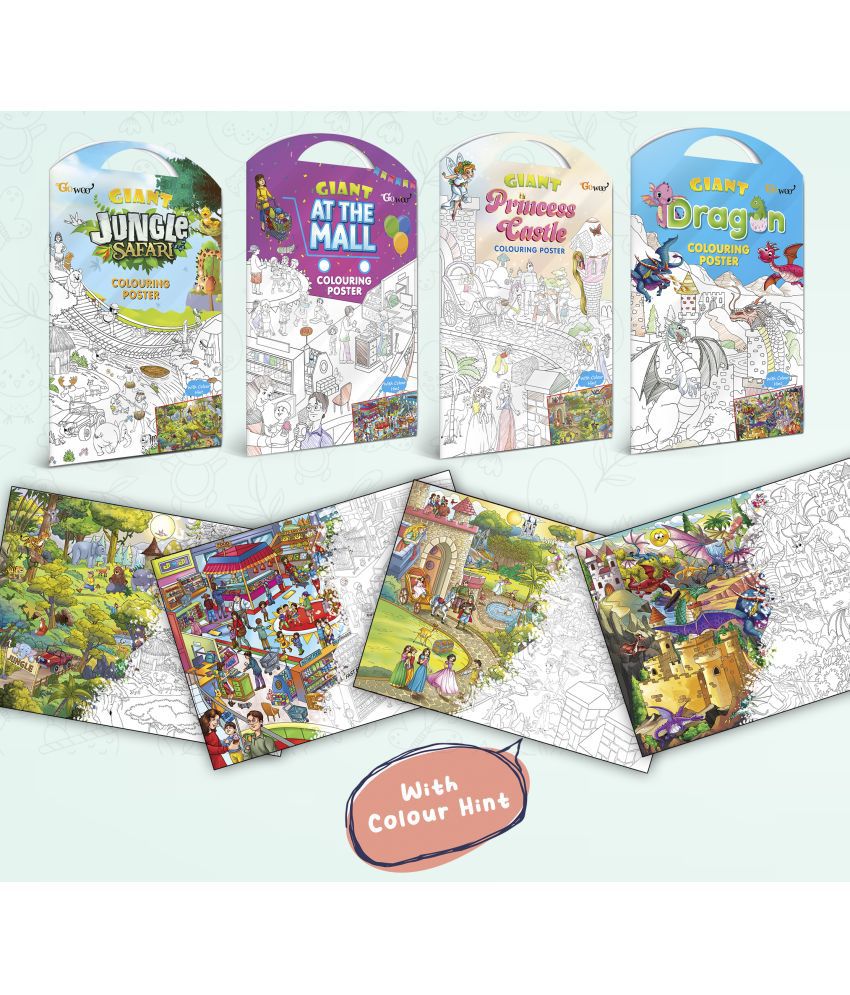     			GIANT JUNGLE SAFARI COLOURING POSTER, GIANT AT THE MALL COLOURING POSTER, GIANT PRINCESS CASTLE COLOURING POSTER and GIANT DRAGON COLOURING POSTER | Pack of 4 Posters I Art Therapy Coloring Combo Set