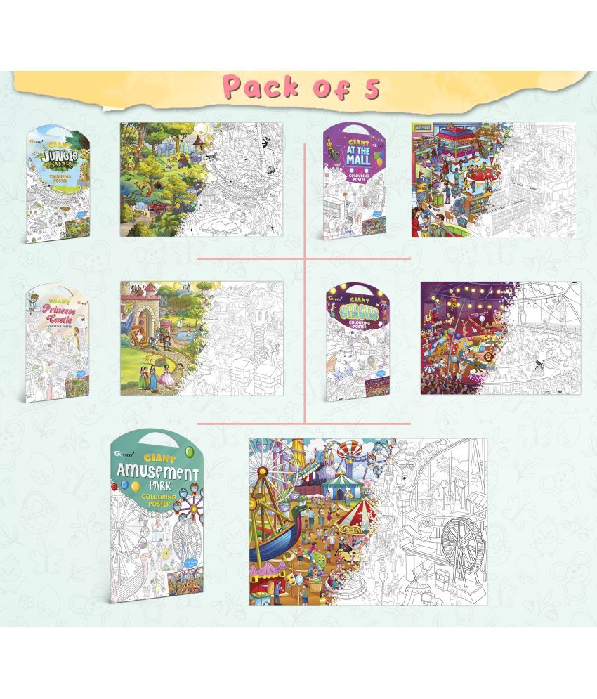     			GIANT JUNGLE SAFARI COLOURING POSTER, GIANT AT THE MALL COLOURING POSTER, GIANT PRINCESS CASTLE COLOURING POSTER, GIANT CIRCUS COLOURING POSTER and GIANT AMUSEMENT PARK COLOURING POSTER | Combo of 5 Posters I big colouring poster for kids