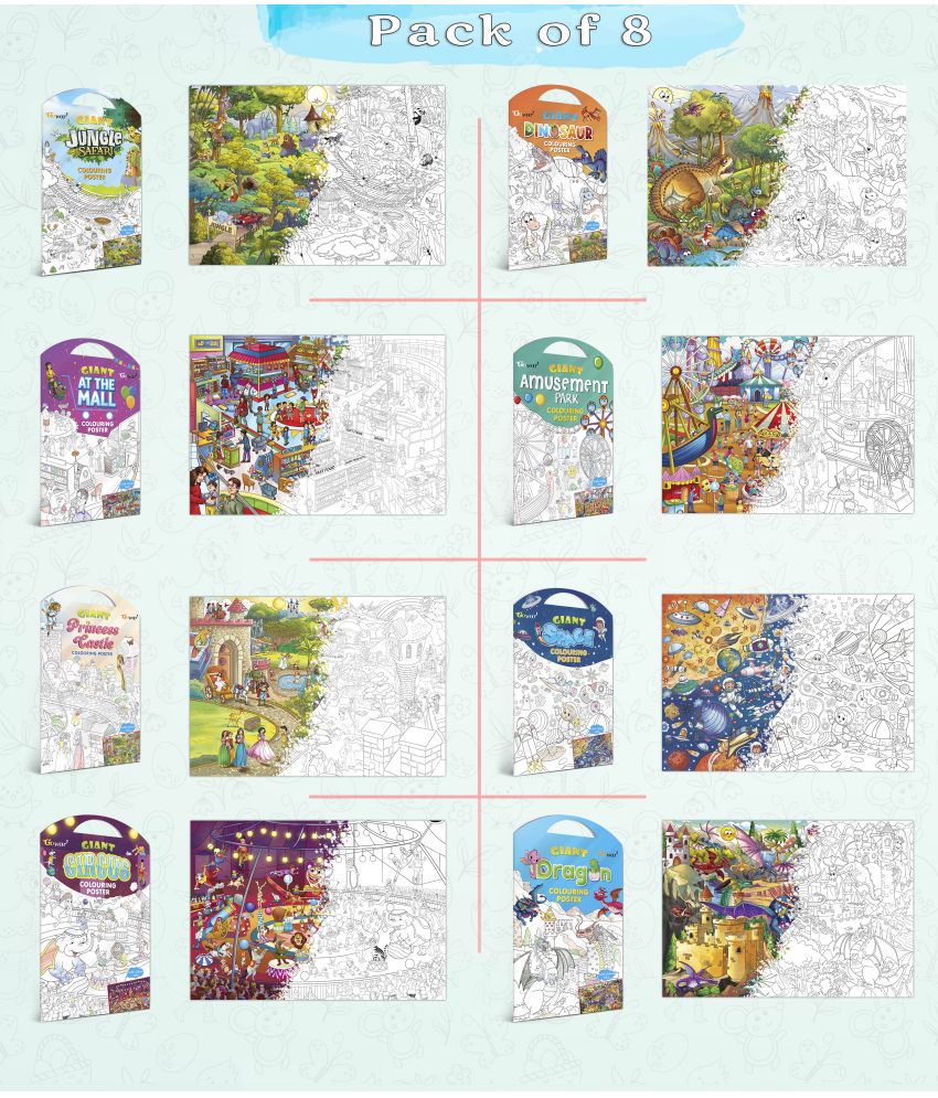     			GIANT JUNGLE SAFARI, GIANT AT THE MALL, GIANT PRINCESS CASTLE, GIANT CIRCUS, GIANT DINOSAUR, GIANT AMUSEMENT PARK, GIANT SPACE   and GIANT DRAGON   | Combo of 8 s I kids Happy Coloring Set