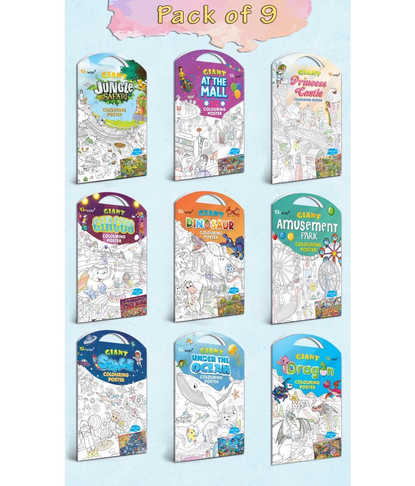     			GIANT JUNGLE SAFARI, GIANT AT THE MALL, GIANT PRINCESS CASTLE, GIANT CIRCUS, GIANT DINOSAUR, GIANT AMUSEMENT PARK, GIANT SPACE, GIANT UNDER THE OCEAN   and GIANT DRAGON   | Gift Pack of 9 s I kids coloring  kit