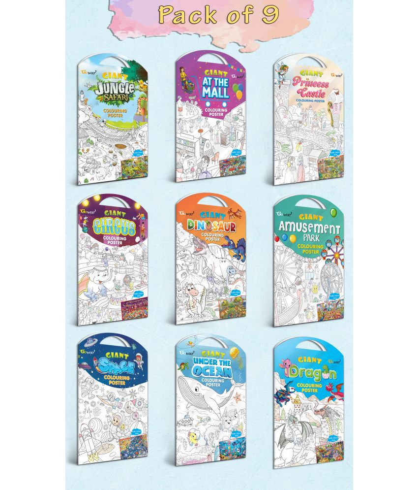     			GIANT JUNGLE SAFARI, GIANT AT THE MALL, GIANT PRINCESS CASTLE, GIANT CIRCUS, GIANT DINOSAUR, GIANT AMUSEMENT PARK, GIANT SPACE, GIANT UNDER THE OCEAN   and GIANT DRAGON   | Set of 9 s I Giant Coloring s Gift Set