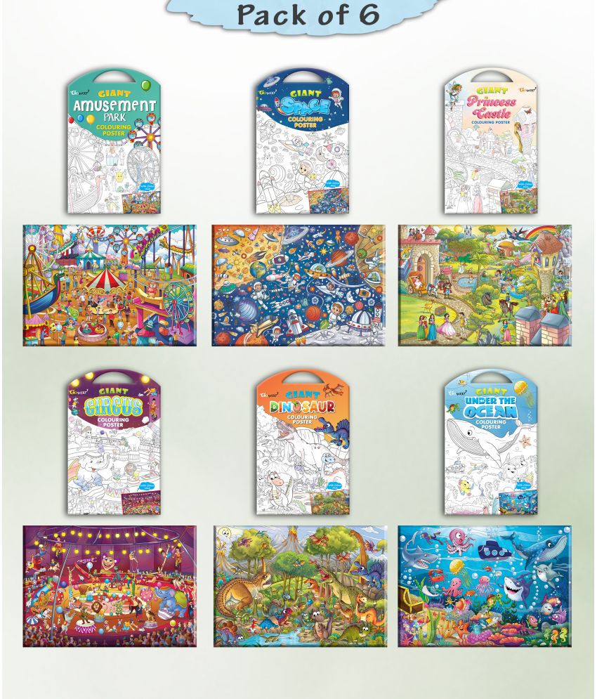     			GIANT PRINCESS CASTLE COLOURING , GIANT CIRCUS COLOURING , GIANT DINOSAUR COLOURING , GIANT AMUSEMENT PARK COLOURING , GIANT SPACE COLOURING  and GIANT UNDER THE OCEAN COLOURING  | Pack of 6 s I Dreamy Coloring Combo