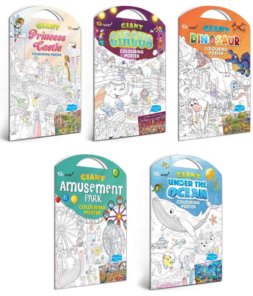     			GIANT PRINCESS CASTLE COLOURING POSTER, GIANT CIRCUS COLOURING POSTER, GIANT DINOSAUR COLOURING POSTER, GIANT AMUSEMENT PARK COLOURING POSTER and GIANT UNDER THE OCEAN COLOURING POSTER | Combo pack of 5 Posters I giant colouring poster for 8+