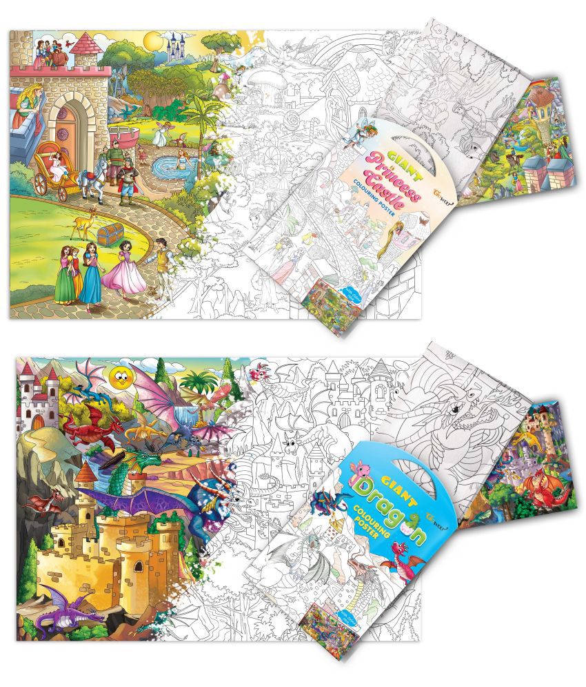     			GIANT PRINCESS CASTLE COLOURING POSTER and GIANT DRAGON COLOURING POSTER | Combo pack of 2 posters I Coloring poster collection