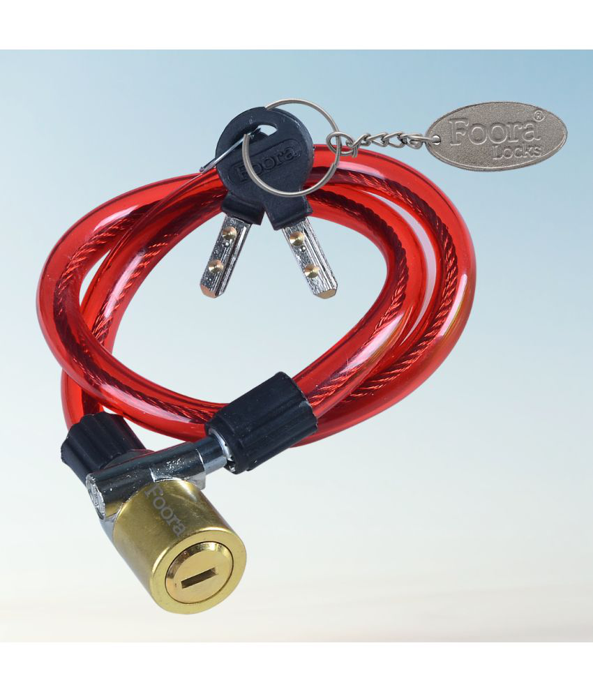     			Foora Multipurpose Steel Cable Lock CL-02 Brass Coated Lock for Cycles, Bikes, Gate, Helmets and Scooters with 2 Ultra Brass Molded Keys (22 inch Approx.) Free Key Chain (Red)