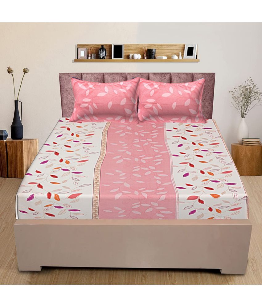     			INDHOME LIFE Glace Cotton Nature Queen Bedsheet with 2 Pillow Covers - Pink
