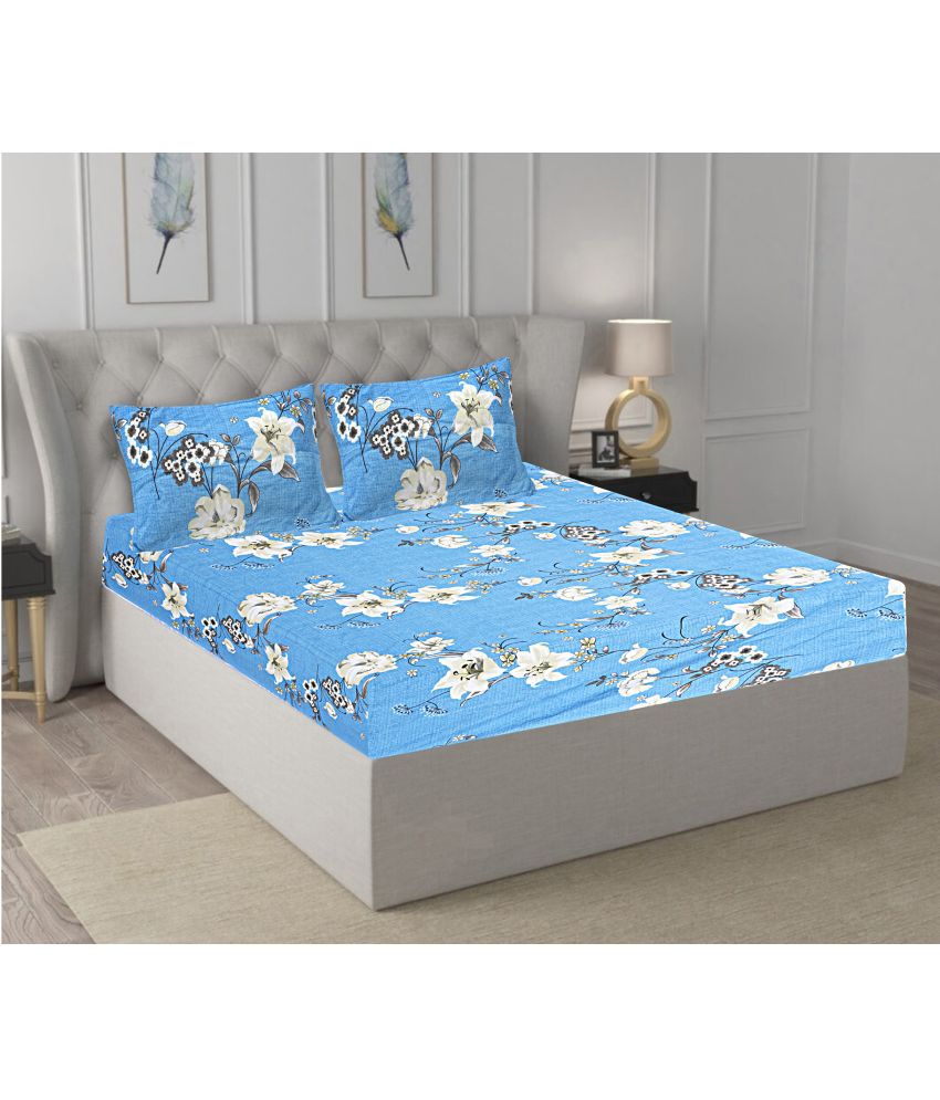     			INDHOME LIFE Glace Cotton Floral Printed Queen Bedsheet with 2 Pillow Covers - Blue
