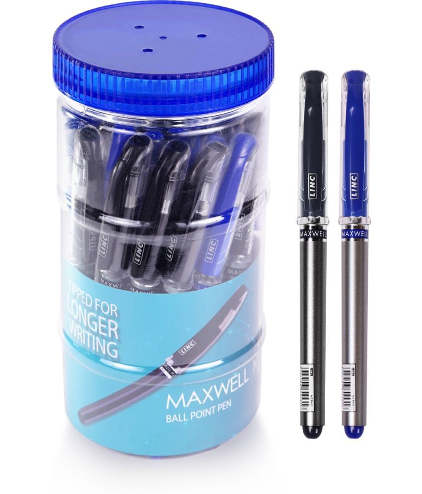     			Linc Maxxwell Lightweight Ball Pen Jar | Black and Blue Ink Ball Pens | Jar of 25 Units | Ball Pen Set for Office and School Use | Elasto Grip Pens for Smooth Writing with Fast Flowing Ink Technology | Pack of 25