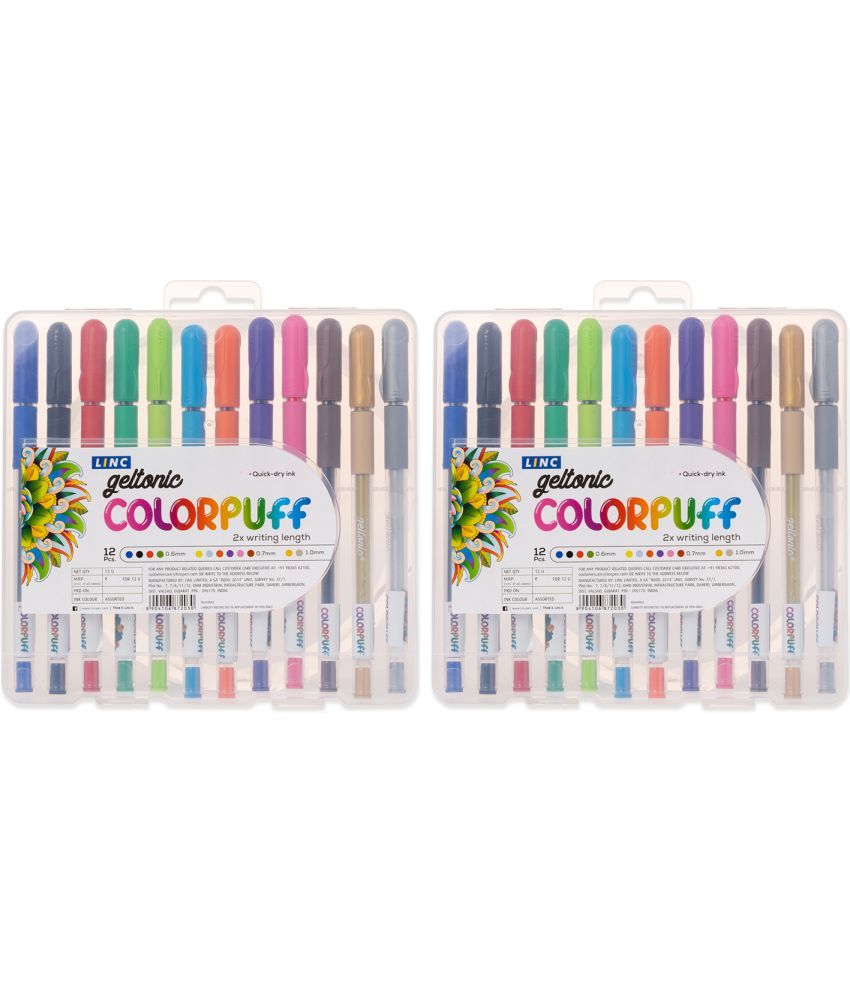     			Linc Geltonic Colorpuff Multicolor Gel Pen with Hard Box Case | 0.6-1.0 mm Tip Size | Comfortable Rubber Grip | Ultra- Low Viscosity & Waterproof Gel Ink | Set Of 12 Bright Ink Colors x Pack Of 2