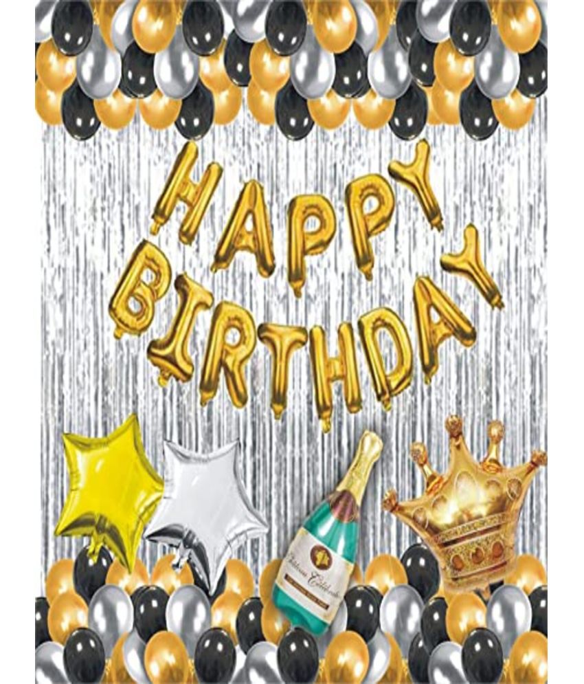     			Devdrishti Products 52 Pcs Happy Birthday Decoration Pack Kit Includes 1 Happy Birthday 1 Golden Star 1 Silver Star 1 Crown 1 Bottle 2 Curtains 15 Silver 15 Golden & 15 Black Balloons