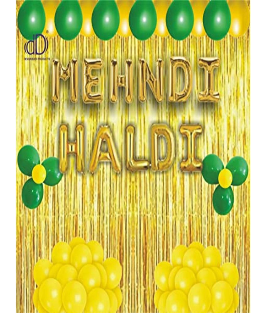     			Devdrishti Products Haldi Mehndi Ceremony Decoration Pack of 44 items Decoration Kit contains 1 Mehndi Foil 1 Haldi Foil 2 Gold Curtain 40 Balloons