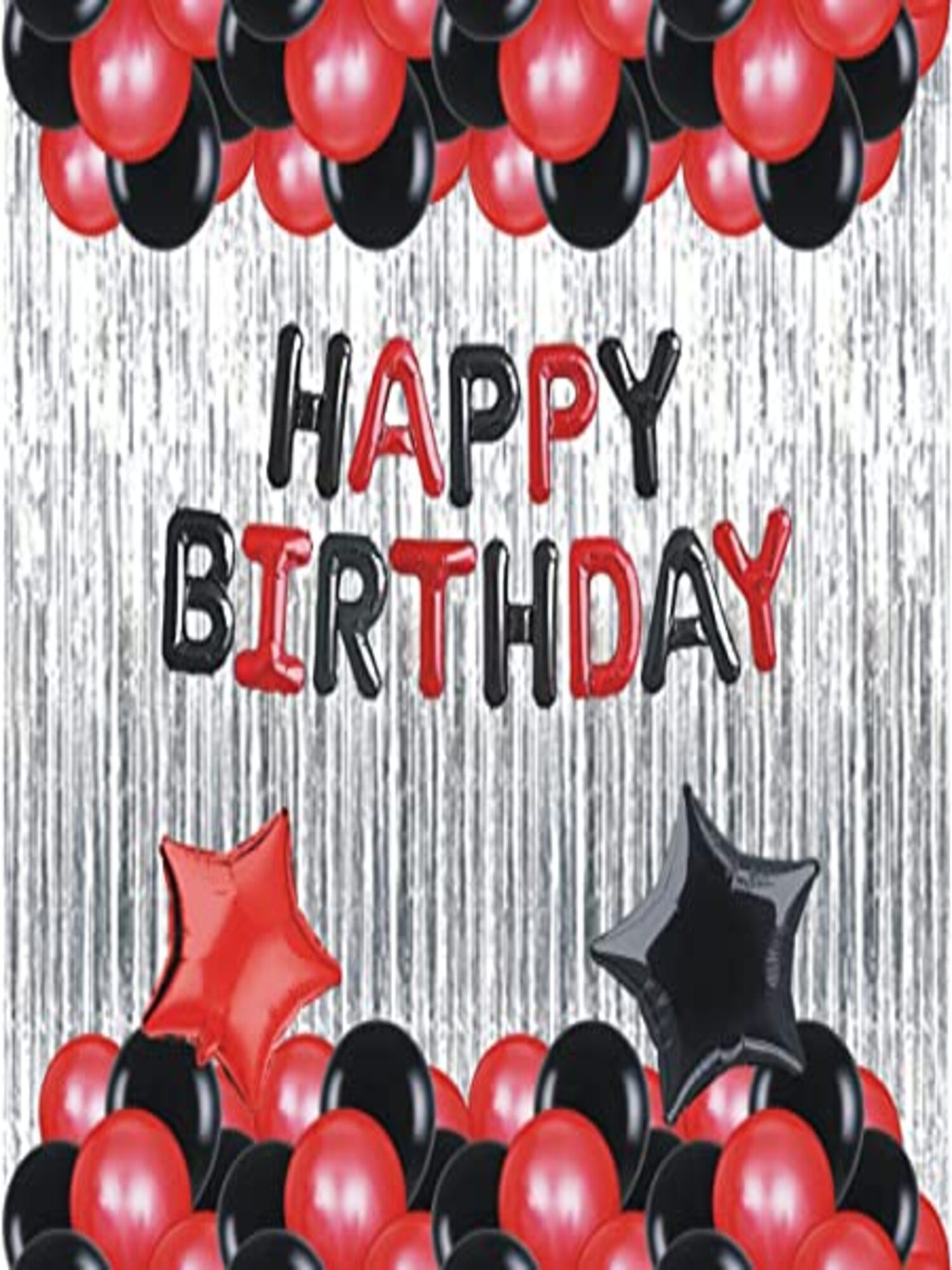     			Devdrishti Products Happy Birthday Red Black Foil Banner Decoration Combo pack of 35 pcs contains 1 Birthday Foil 30 Balloons 2 Curtains 2 Foil Stars