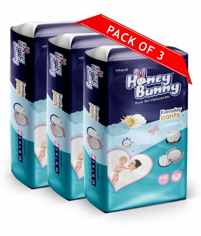     			Honey Bunny Pants Diapers New Born-84pcs(Pack of 3)Wetness Indicator,Silky Soft-Bubble sheet (0-5kg)