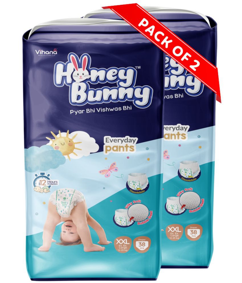     			Honey Bunny Pants Diapers XXL-76pcs (Pack of 2) Wetness Indicator,Silky Soft-Bubble sheet (12-25kgs)