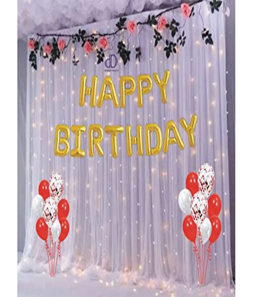     			Devdrishti products Happy Birthday Decoration Kit Pack of 40 pcs includes 1 Happy Birthday Foil 30 Metallic Balloons 5 Confetti Balloons 1 Net 2 Led Light 1 Ribbon