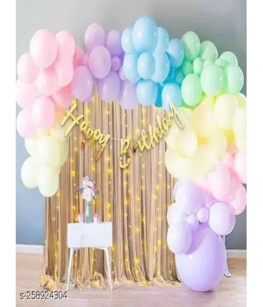     			Happy Birthday Decoration Set With Net Curtain, Pastal Color Balloons, Banner, Led Fairy Light, Arch Strip and Glue dot for Room Decoration, Surprise Decoration For Husband Wife Boy Girl