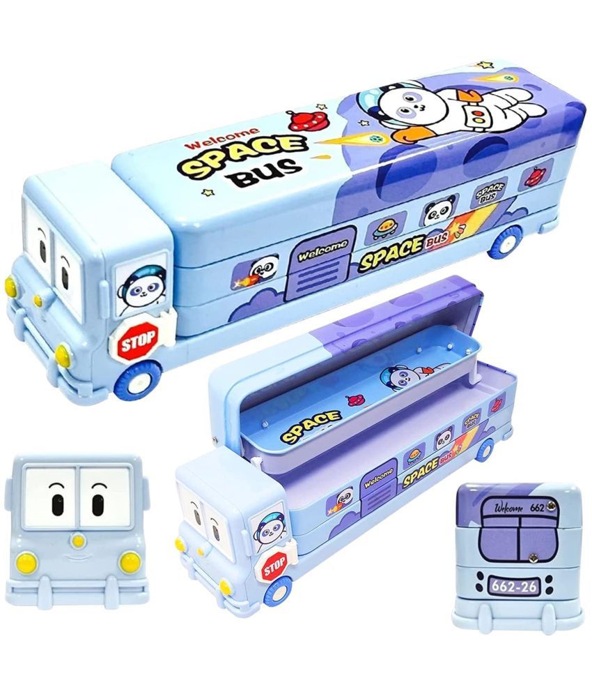     			multicolor Cartoon Printed School Bus Pencil Box for Kids, Colorful Metal Pencil Case with Sharpener & Moving Wheels, Educational & Learning School Stationary Supply Set for Girls & girls (pack of 1) blue