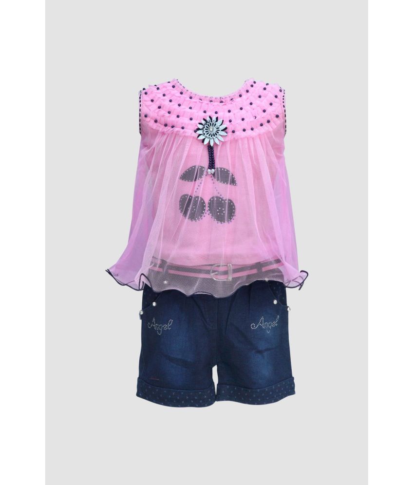     			9stiches - Pink Denim Girls Top With Shorts ( Pack of 1 )