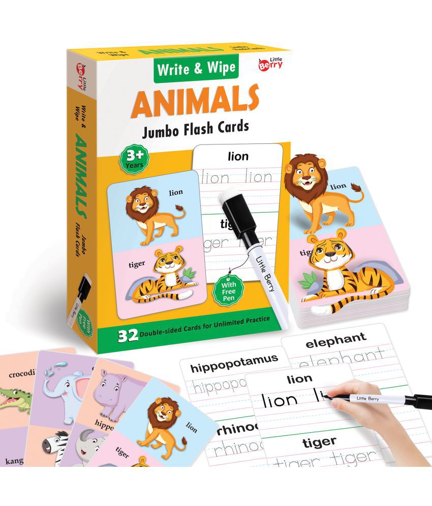     			Little Berry Jumbo Write and Wipe Flash Cards: Animals | 32 Reusable Cards with Marker Pen | Gifts, Travel Toy & Preschool Learning for Ages 3 to 6 | Learn 64 Animals & Their Spellings