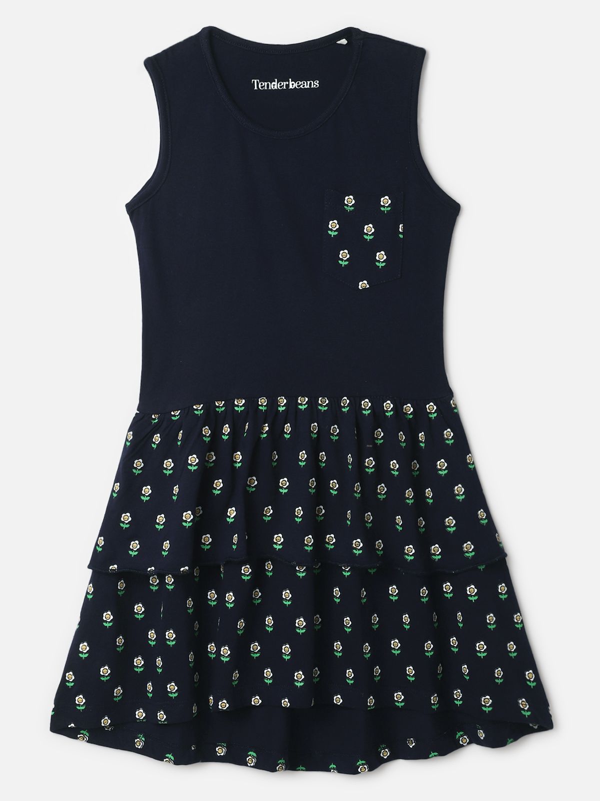     			UrbanMark Junior Girls 100% Cotton Printed Short SleevesTunic Dress -Navy