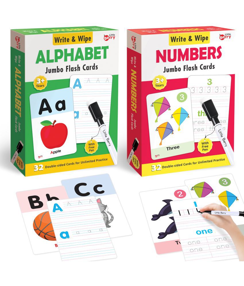     			Little Berry Write and Wipe Flash Cards: Alphabets and Numbers (Jumbo Size) | 64 Reusable Cards with Marker Pen | Gifts, Travel Toy & Preschool Learning for Kids Ages 3 to 6 | Early Learning & Development